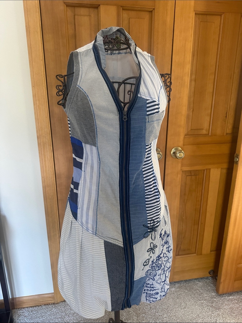 Patchwork Zip-Front Sleeveless Dress in Blue & White